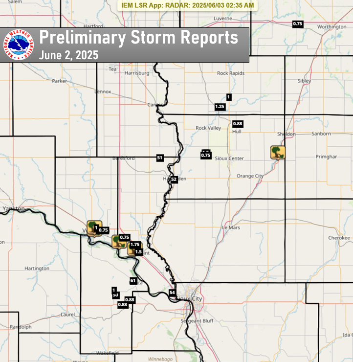 Map of storm reports (large hail and wind damage) from June 2, 2025.