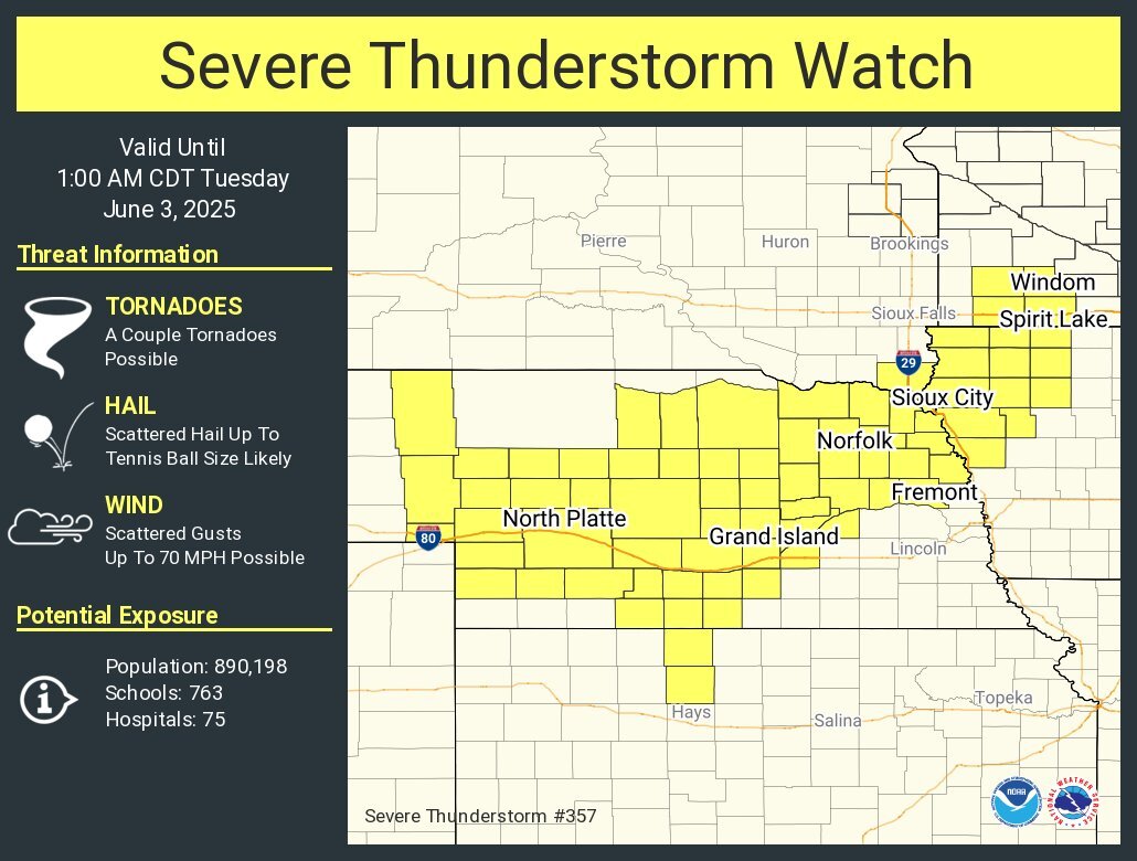 Map of the severe thunderstorm watch which was issued for northwest Iowa and northern Nebraska on June 2, 2025.