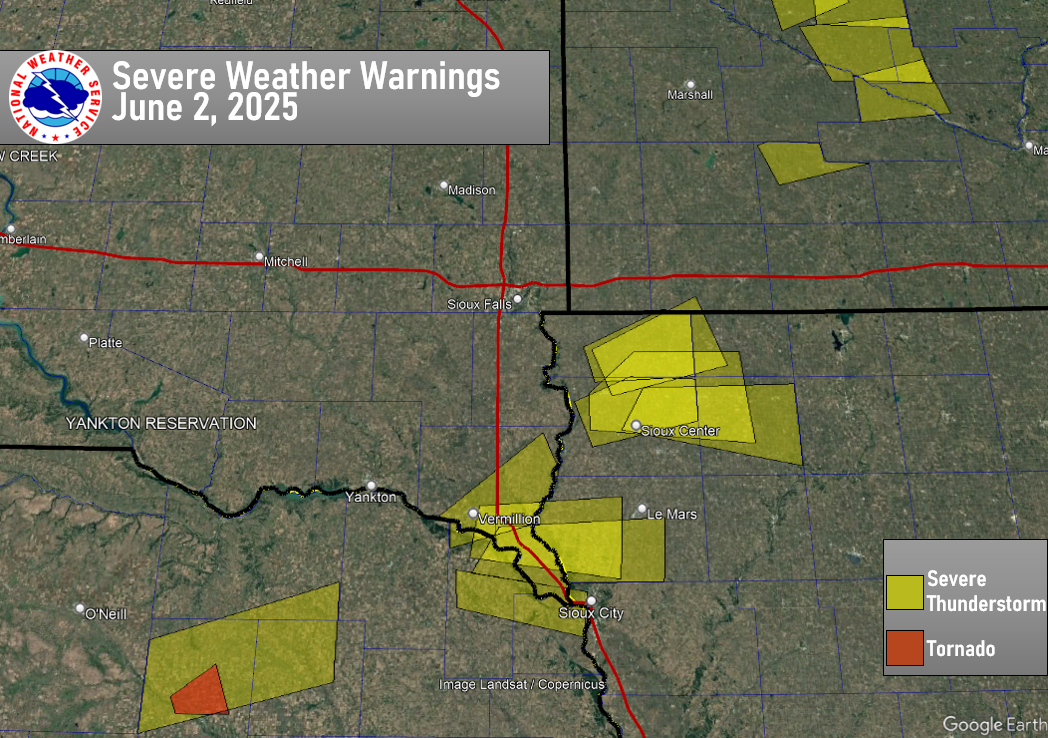 Map of the severe thunderstorm warnings which were issued on June 2, 2025.