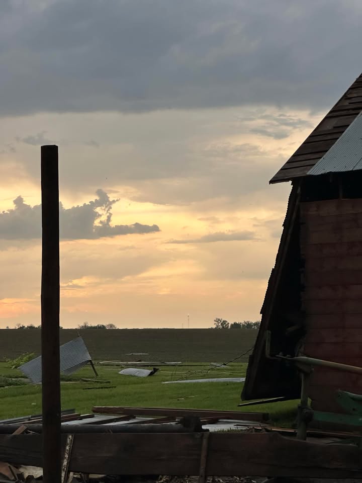Wind Damage Near Hospers. Photo shows pieces of tin/sheet metal siding strewn about a yard.