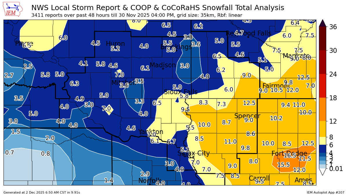 Map of snowfall reports from November 28-30, 2025. A broad 3-7 inches occurred across most of southeast South Dakota, northeast Nebraska and southwest Minnesota. Higher totals from 7 to 11 inches were reported across northwest Iowa, and along/east of Highway 60 in southern Minnesota.