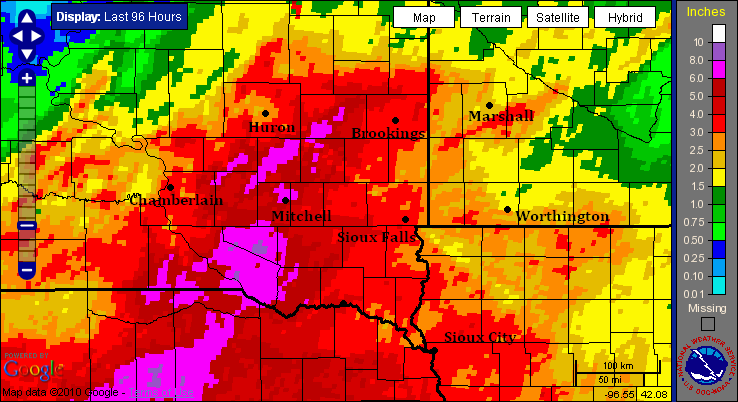 Map of 96-hour rainfall over southeast South Dakota ending June 13, 2010