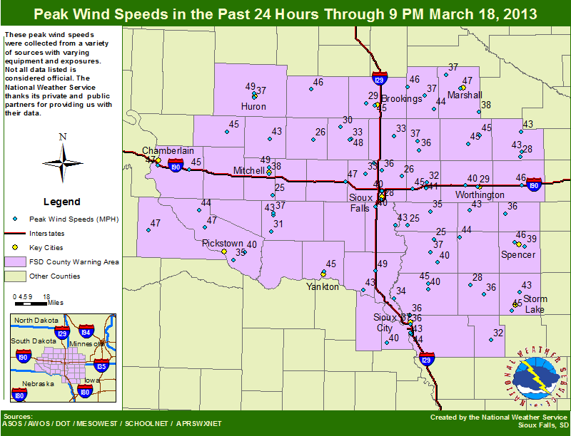 Peak Wind Speeds (MPH) in the Past 24 Hours Ending at 9 PM March 18, 2013