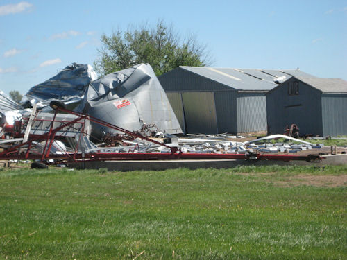 Grain bins damaged by winds on May 30, 2011.