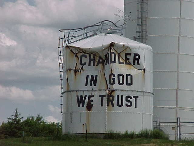 The damaged water tower where the dedication will take place.  Picture taken 12 June 2002. 