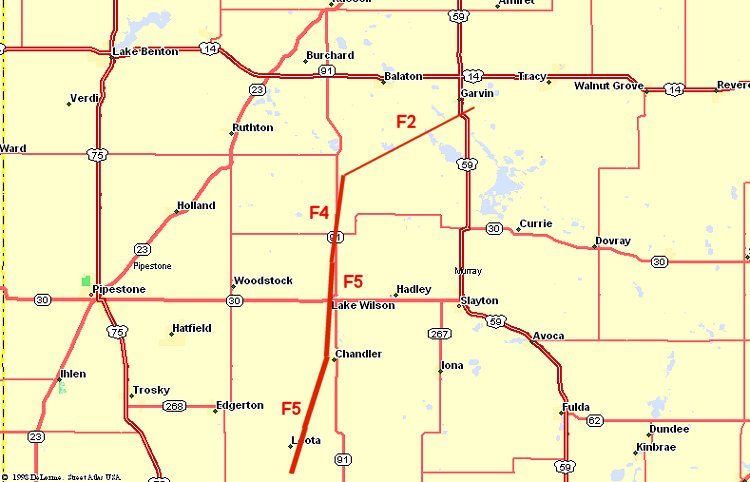The approximate path of the Chandler-Lake Wilson tornado.  The tornado rating is located next to the line.