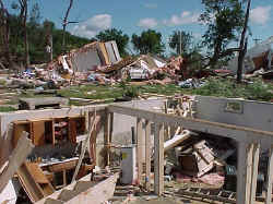 Heavily damaged homes.