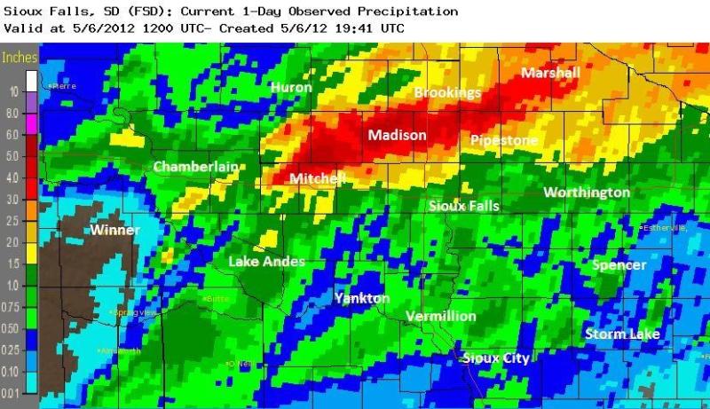 Map of 24 hour estimated rainfall amounts through 7 AM Sunday, May 6, 2012