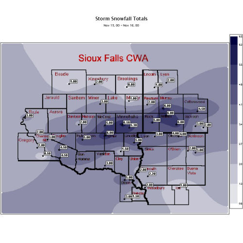 Map of Snowfall for November 15-16, 2000