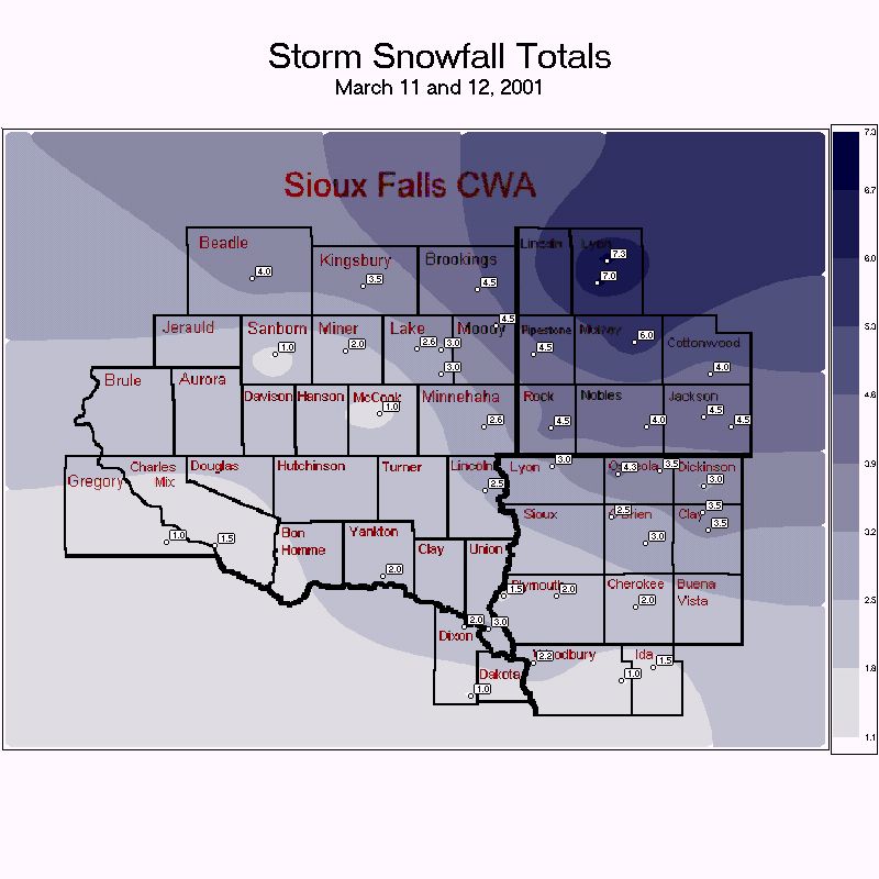 Snowfall Map for March 11-12, 2001...Data in text can be found below.