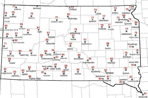 Map of record high temperatures on November 8, 1999