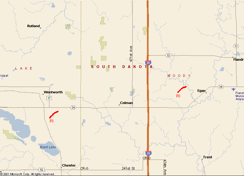 Map of 24 June 2003 Tornado Tracks - Around Colman, SD.