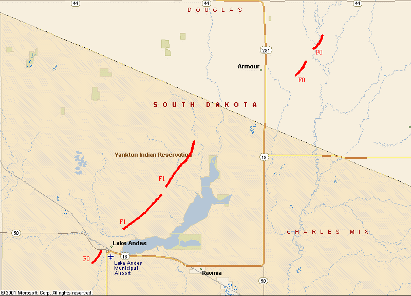 Map of 24 June 2003 Tornado Tracks - Around Lake Andes, SD and Armour, SD