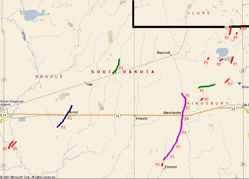Map of 24 June 2003 Tornado Tracks - In and around Manchester, SD and Cavour, SD.