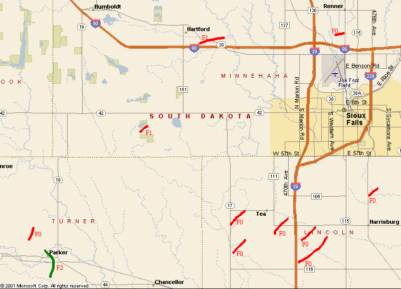 Map of 24 June 2003 Tornado Tracks - Areas around Sioux Falls, SD