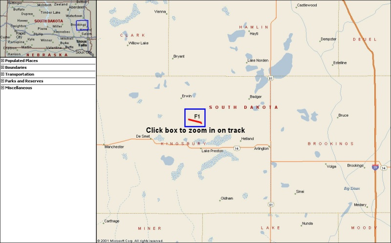 Map of the Kingsbury County area with tornado track 
