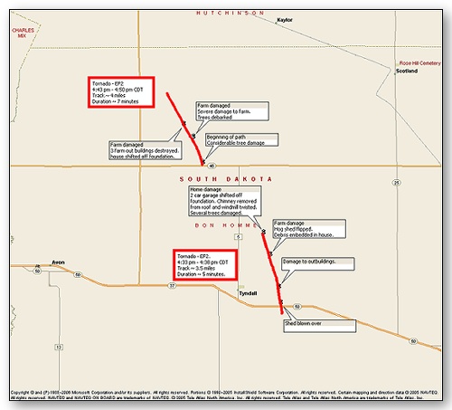 Tornado path through Bon Homme County, SD.  Click map for a larger view.