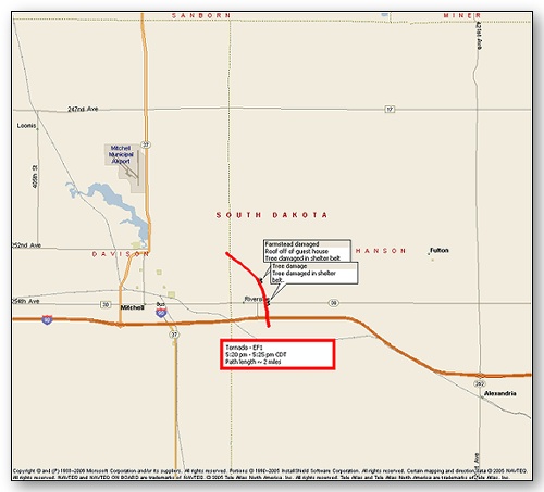 Tornado path east of Mitchell, SD.  Click map for a larger view.