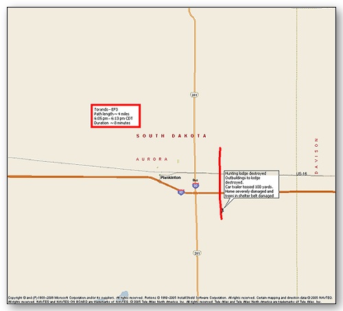 Tornado path east of Plankinton, SD.  Click map for a larger view.
