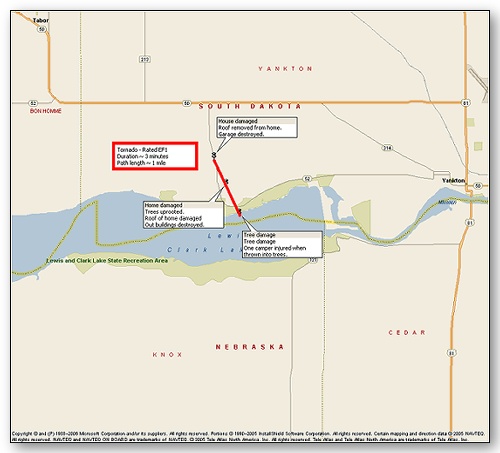 Tornado path west of Yankton, SD.  Click image for a larger view.