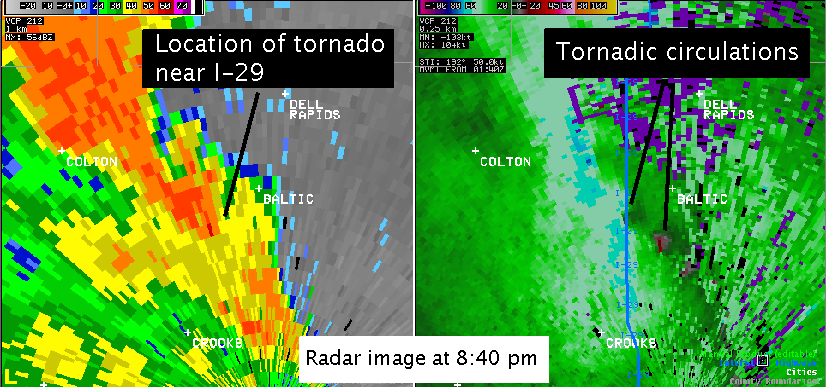 Radar image of the Baltic tornado around 8:45 pm CDT