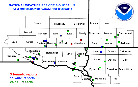 Plot of severe weather reports from June 5, 2008