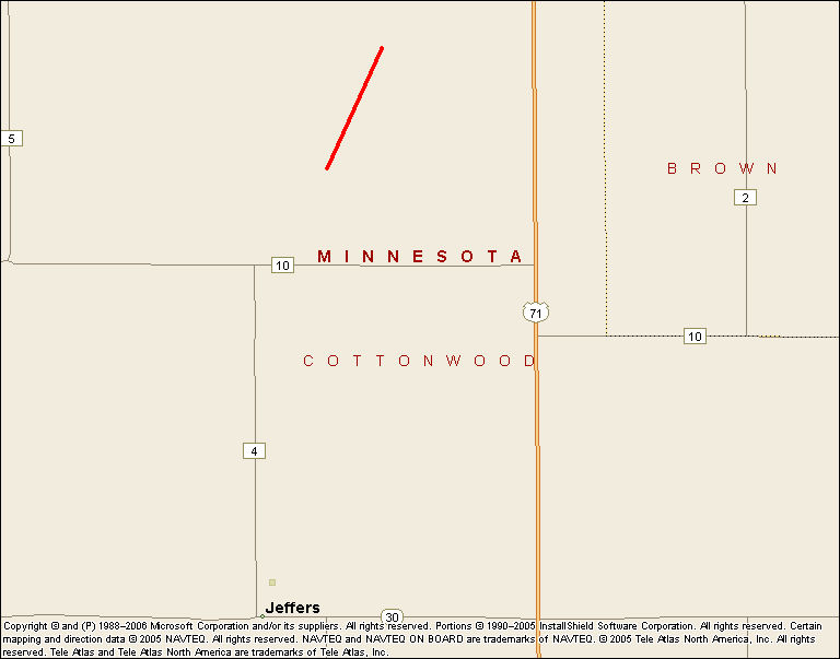 Tornado path near Jeffers Minnesota on June 11, 2008