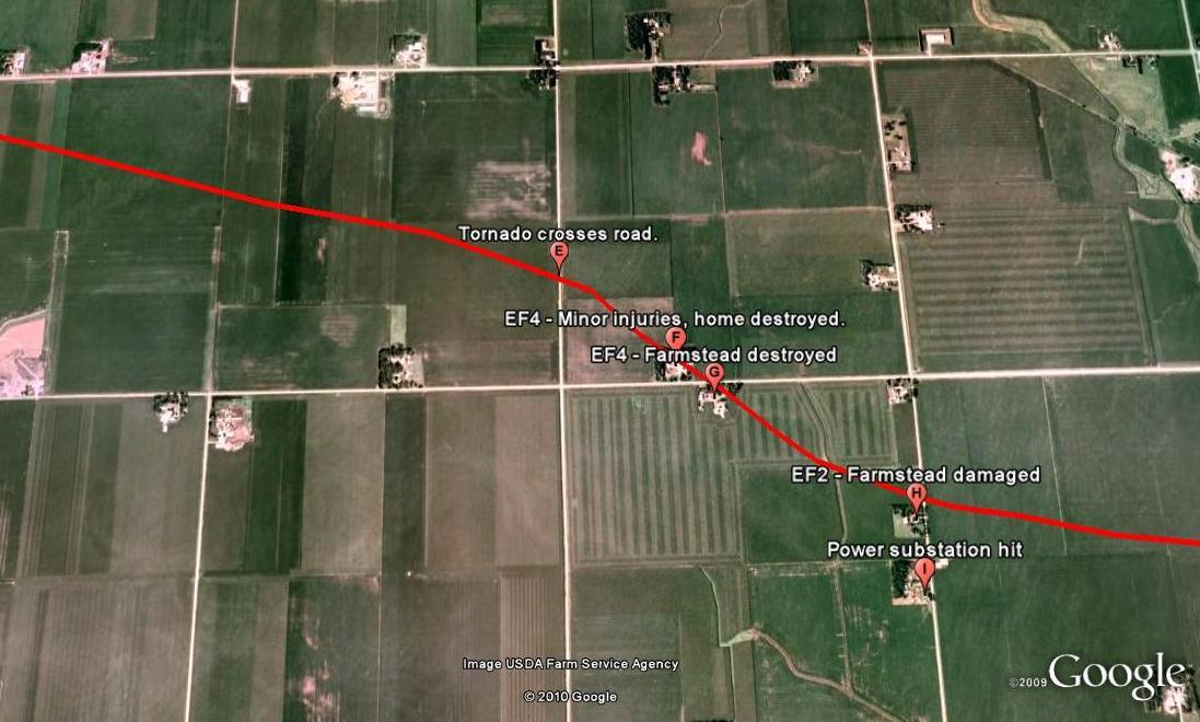 Map of damage southwest of Sibley, Iowa.