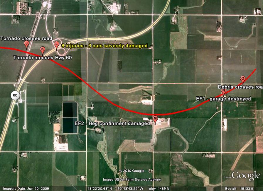 Map of damage south of Sibley, Iowa.