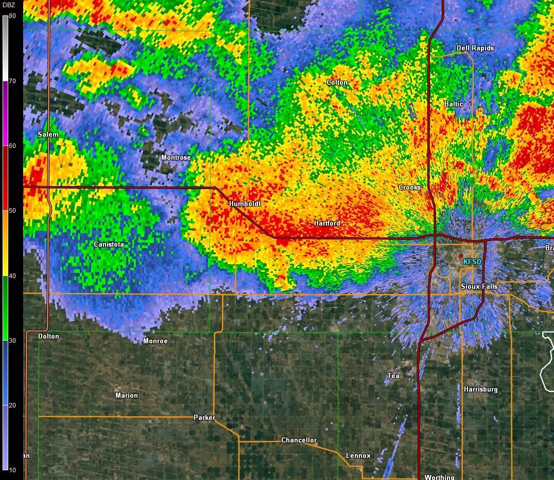 Radar reflectivity image of Humboldt, SD tornado  from 10:53 pm CDT