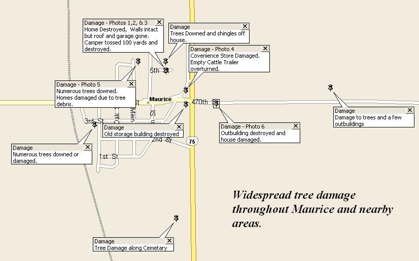 Map of the damage in Maurice, Iowa