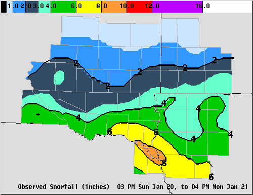 Map of snowfall reports for Sunday night and Monday, January 20-21, 2008