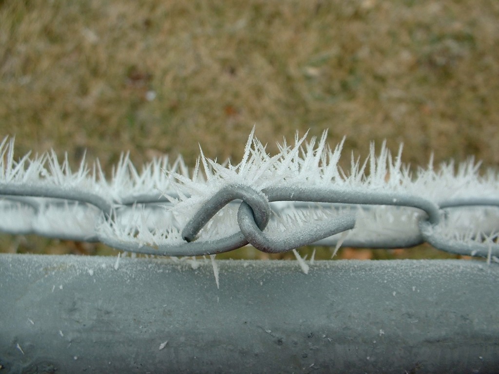 Looking down on frost on a chain-link fence