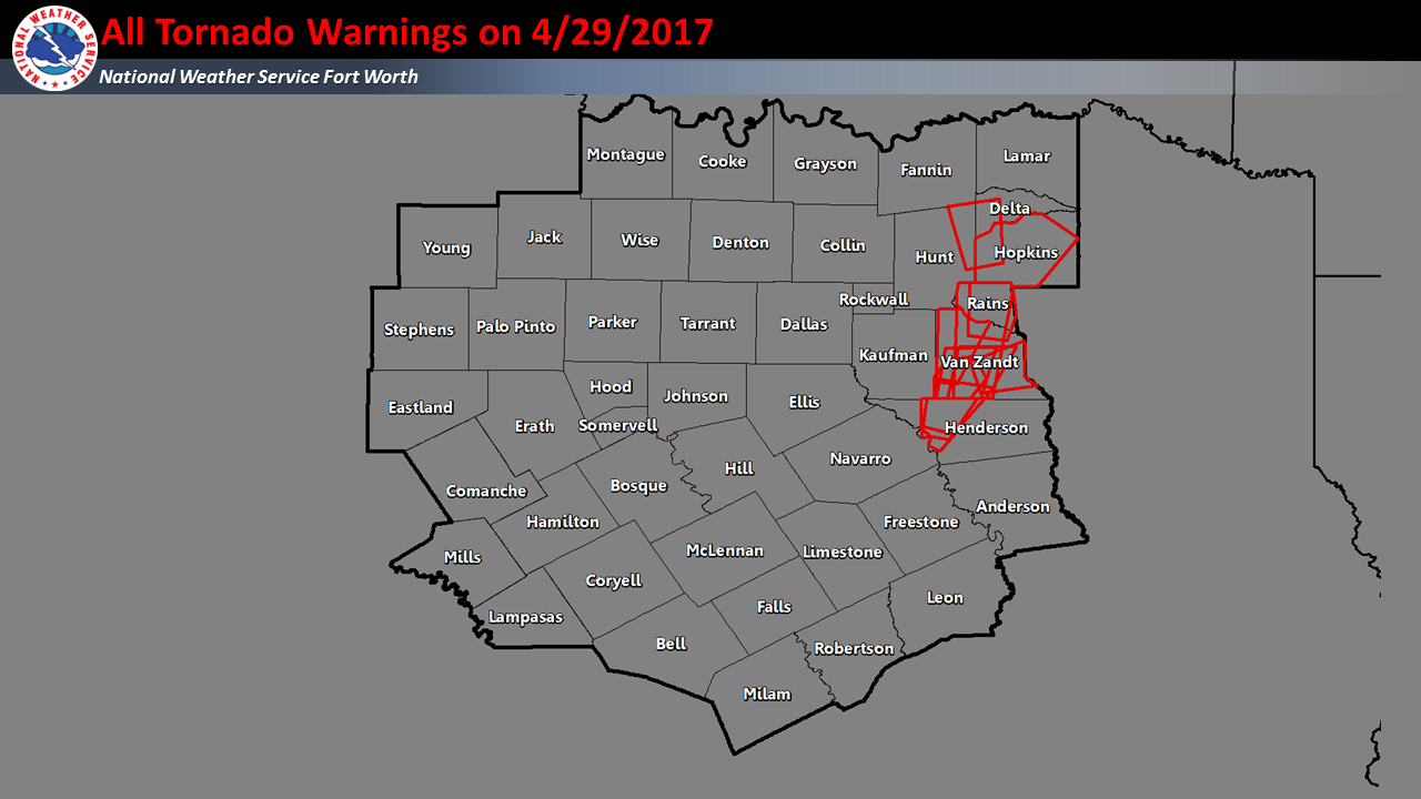 All Tornado Warning polygons issued by NWS Fort Worth on 04/29/2017