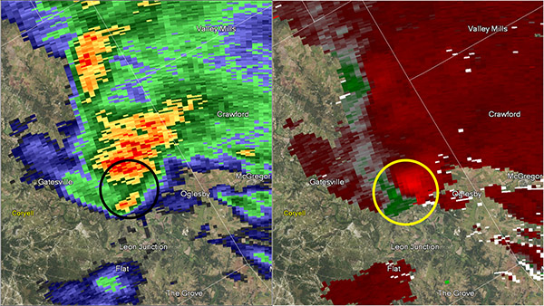 Reflectivity image on the left and storm relative image on the right. Image at 5:41 pm CST.