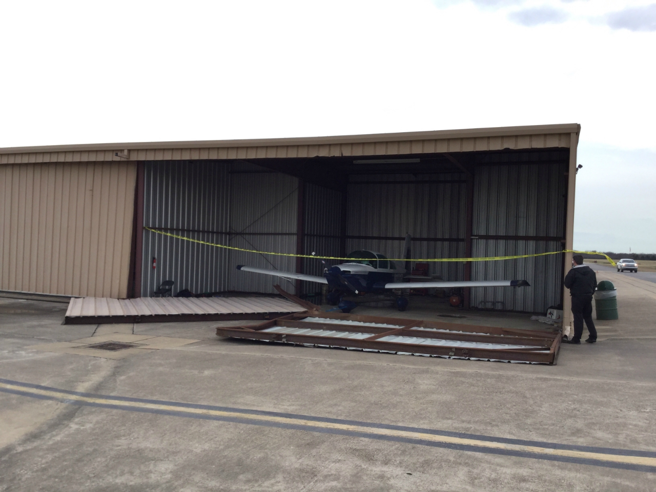 Wind damage at Grand Prairie Municipal Airport (estimated 80 mph)