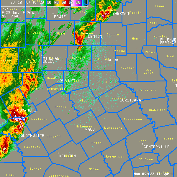 Radar loop of storms that brought severe weather to North Texas on April 10th and 11th.
