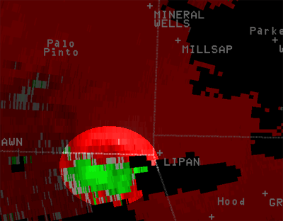 KFWS Storm Relative Velocity  Image at 6:47 pm CDT - April 23, 2008