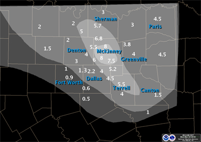 Snowfall map from from March 20-21 snowfall. Map shows heavy snowfall across the counties northeast and east of the Dallas/Ft. Worth Airport.