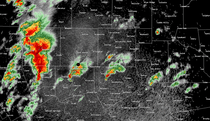 Radar loop showing supercell thunderstorms moving across the D/FW Metroplex