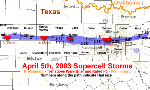 West and North Texas county map that shows a swath of hail that moved across the region on the 5th of April, 2003. The map also shows 4 tornadoes.