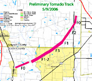 Small image of tornado tracks acros Collin and Grayson Counties.