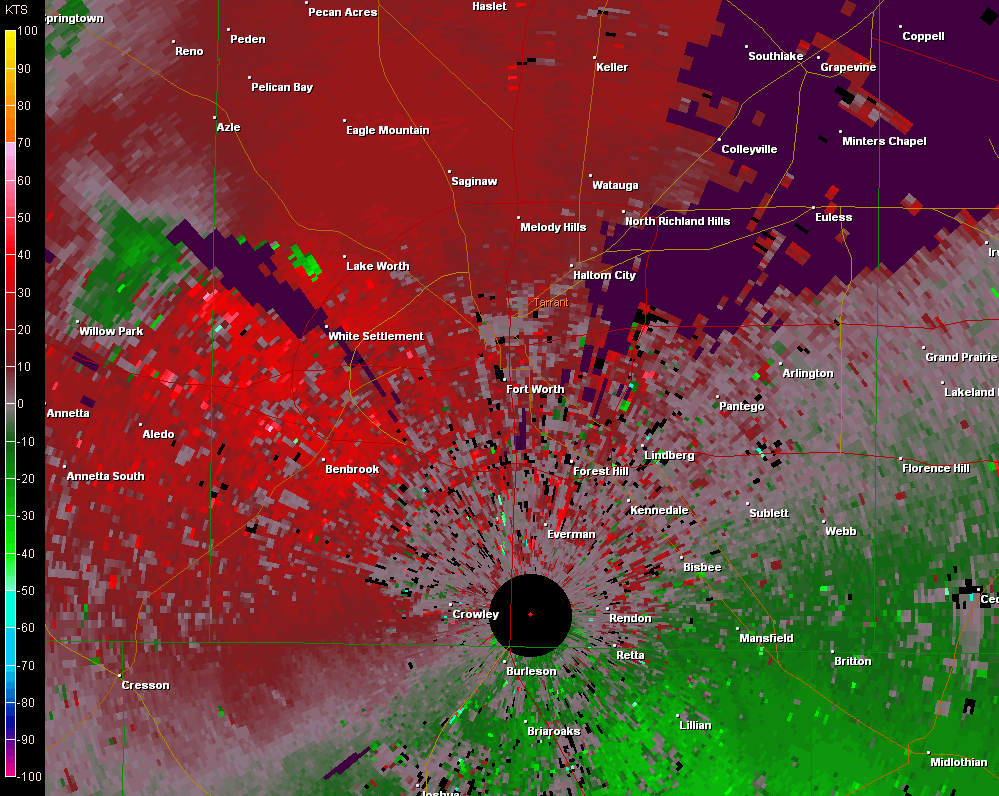 radar loop showing the base velocity images of the ft. worth tornado from March 28, 2000.