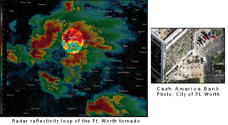 radar reflectivity image showing the fort worth tornado of March 28th, 2000