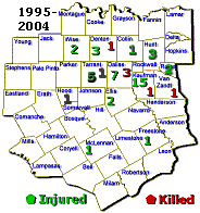County Area Map Showing Lightning Injuries and Deaths