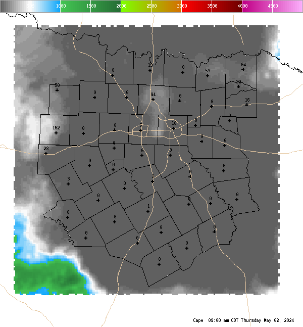 Automatically generated image showing areas of convective available potential energy.