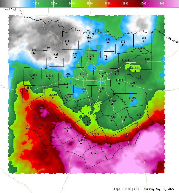 Automatically generated image showing areas of convective available potential energy.