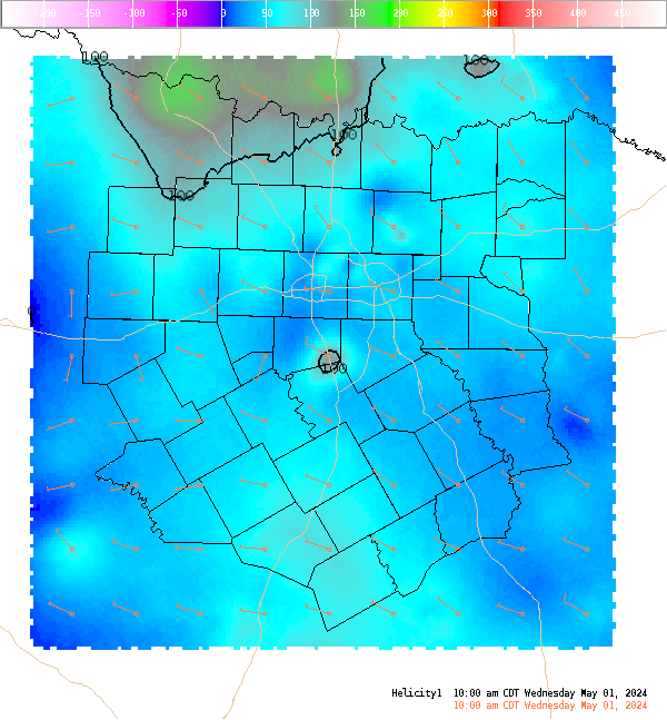Automatically generated image showing areas of storm relative helicity.