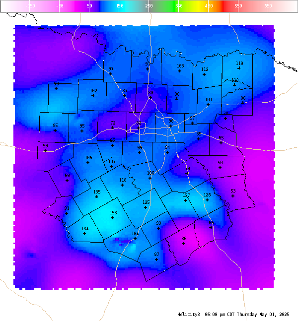 Automatically generated image showing areas of 0-3 km storm relative helicity.