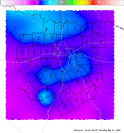Thumbnail of an automatically generated image showing areas of 0-3 km storm relative helicity.